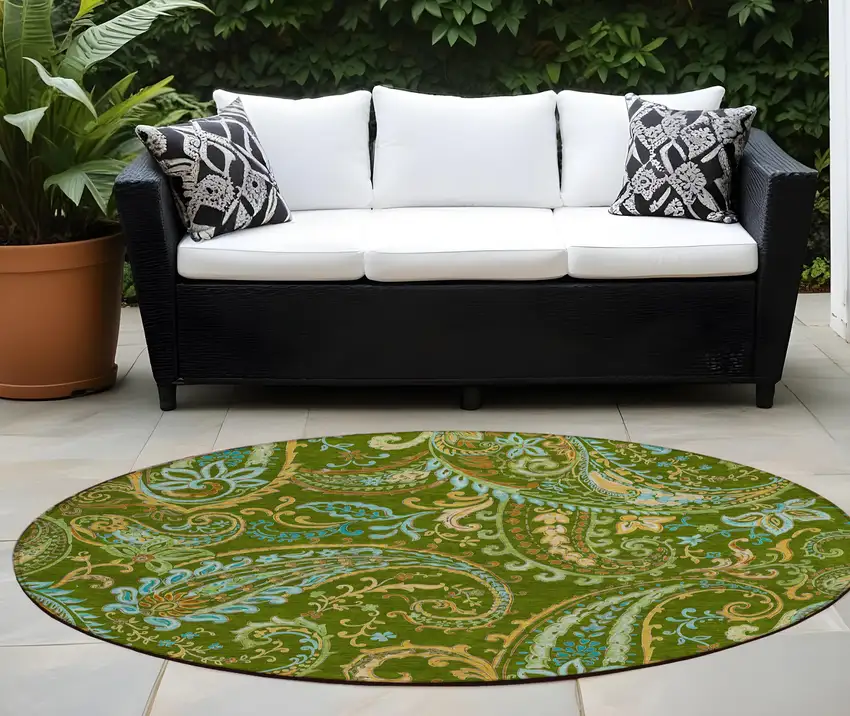 Green Round Paisley Washable Non Skid Indoor Outdoor Area Rug Photo 1