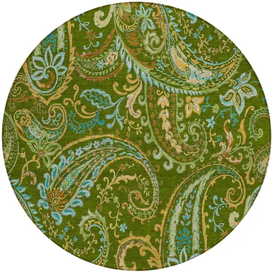 8' Round Green Round Paisley Washable Non Skid Indoor Outdoor Area Rug Photo 2