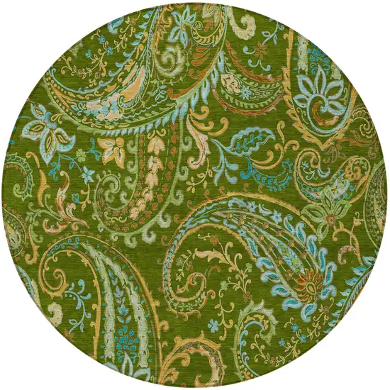 Green Round Paisley Washable Non Skid Indoor Outdoor Area Rug Photo 5