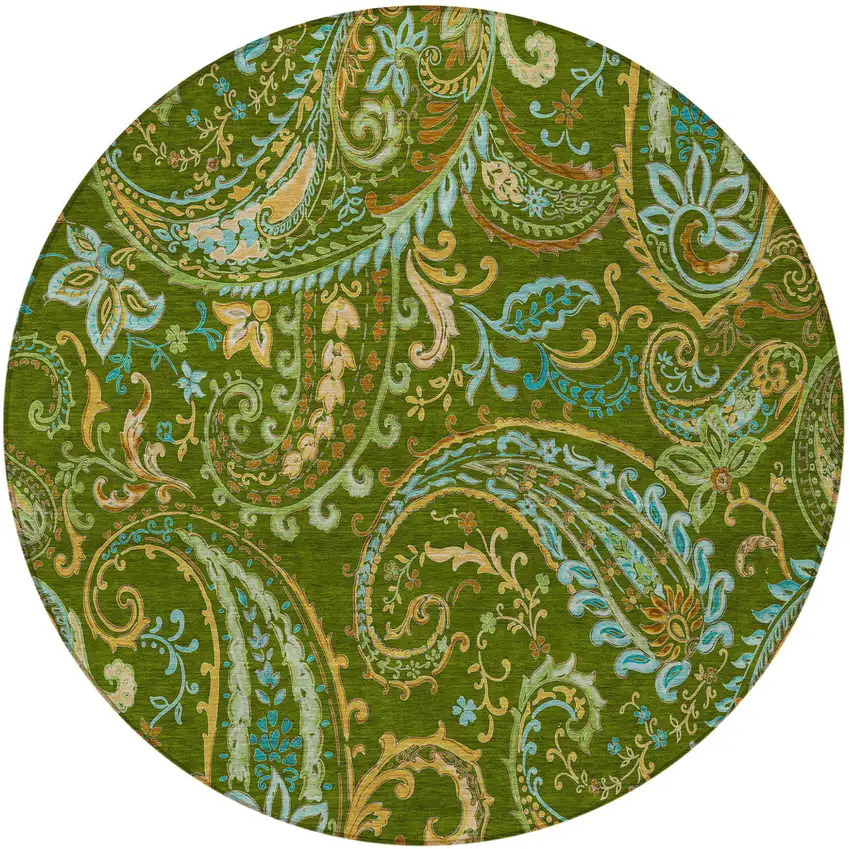Green Round Paisley Washable Non Skid Indoor Outdoor Area Rug Photo 5