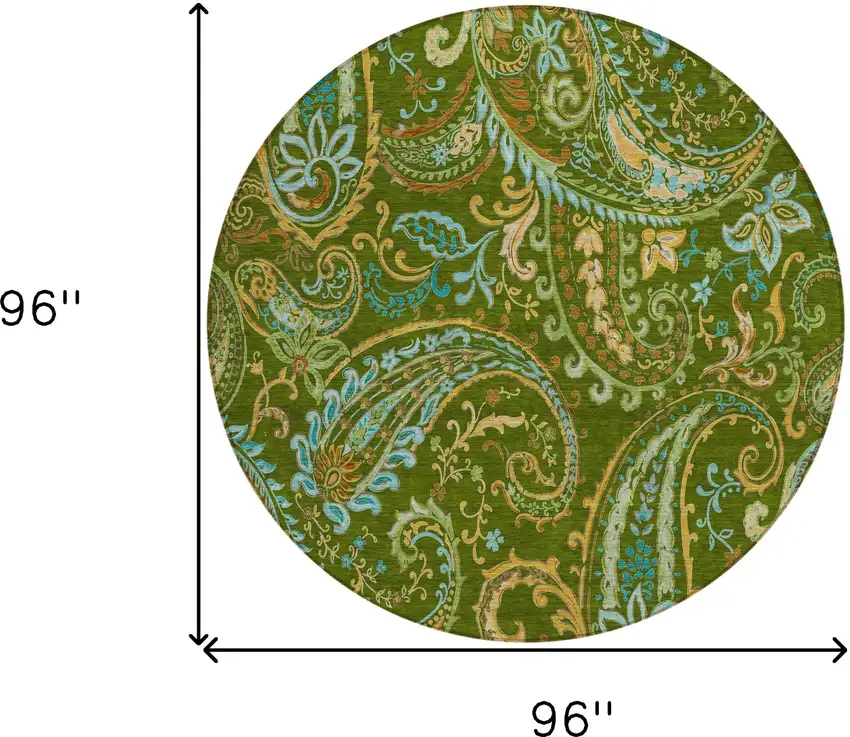 Green Round Paisley Washable Non Skid Indoor Outdoor Area Rug Photo 3