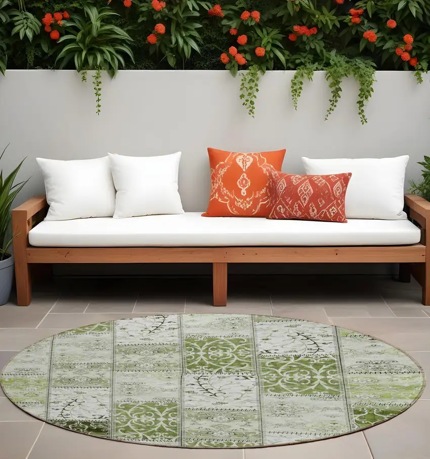 Green Round Patchwork Washable Non Skid Indoor Outdoor Area Rug Photo 1
