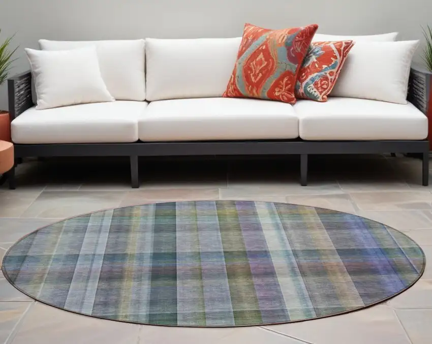 Blue Gray and Green Round Plaid Washable Non Skid Indoor Outdoor Area Rug Photo 1
