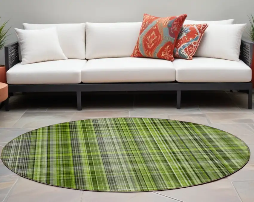 Green Black and Gray Round Plaid Washable Non Skid Indoor Outdoor Area Rug Photo 1
