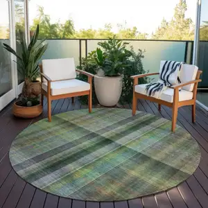 Photo of 8' Round Green Round Plaid Washable Non Skid Indoor Outdoor Area Rug