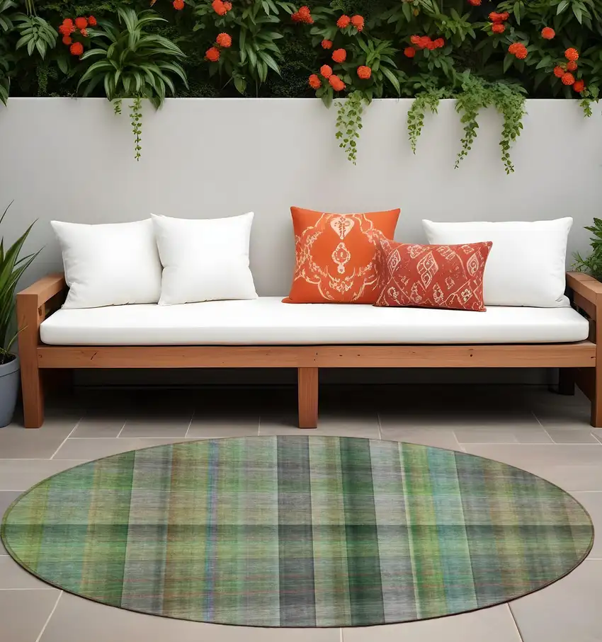 Green Round Plaid Washable Non Skid Indoor Outdoor Area Rug Photo 1