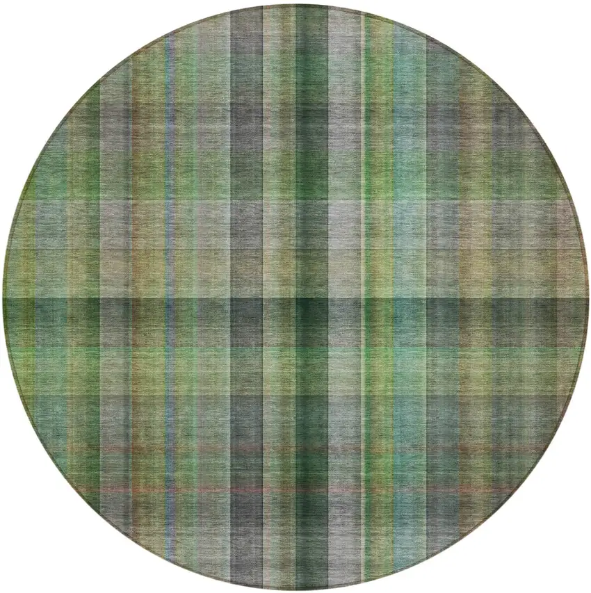 Green Round Plaid Washable Non Skid Indoor Outdoor Area Rug Photo 2