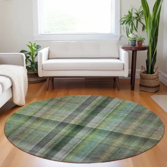 Green Round Plaid Washable Non Skid Indoor Outdoor Area Rug Photo 9