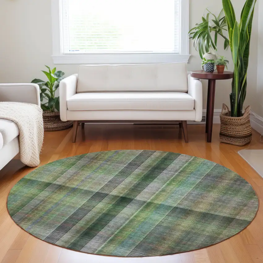 Green Round Plaid Washable Non Skid Indoor Outdoor Area Rug Photo 9