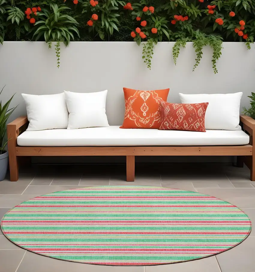 8' Round Green Round Striped Washable Non Skid Indoor Outdoor Area Rug Photo 1