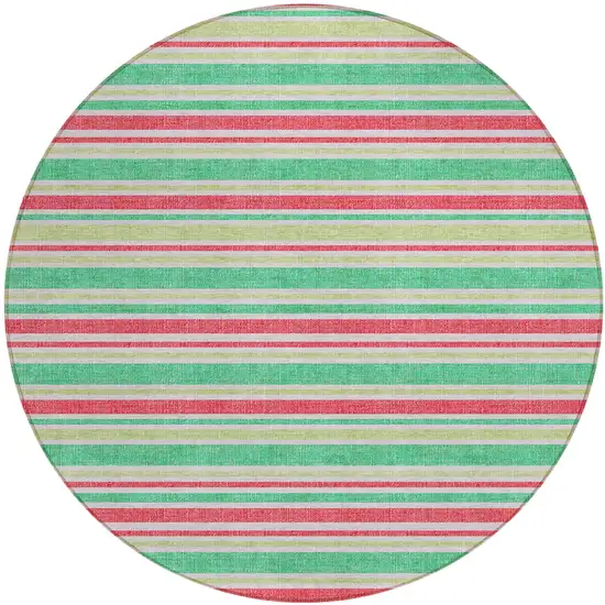 8' Round Green Round Striped Washable Non Skid Indoor Outdoor Area Rug Photo 2