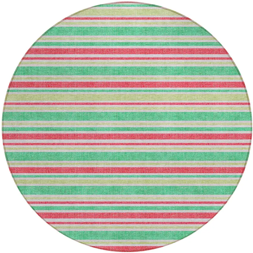 8' Round Green Round Striped Washable Non Skid Indoor Outdoor Area Rug Photo 2