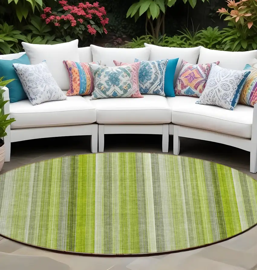 Green Round Striped Washable Non Skid Indoor Outdoor Area Rug Photo 1