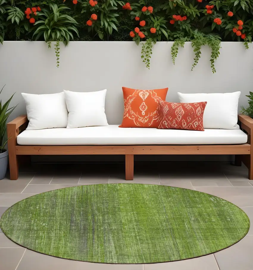 Green Round Striped Washable Non Skid Indoor Outdoor Area Rug Photo 1