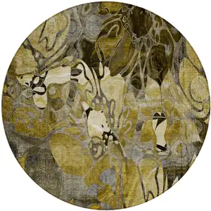 Photo of 8' Round Green and Brown Round Floral Washable Non Skid Indoor Outdoor Area Rug