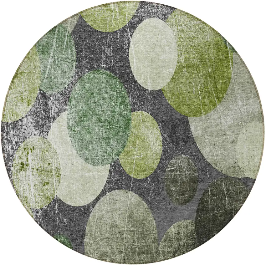 8' Round Green and Gray Round Abstract Washable Non Skid Indoor Outdoor Area Rug Photo 2