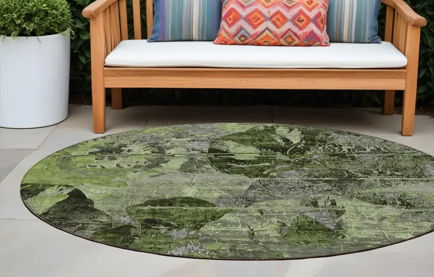 Green and Gray Round Floral Washable Non Skid Indoor Outdoor Area Rug Photo 1