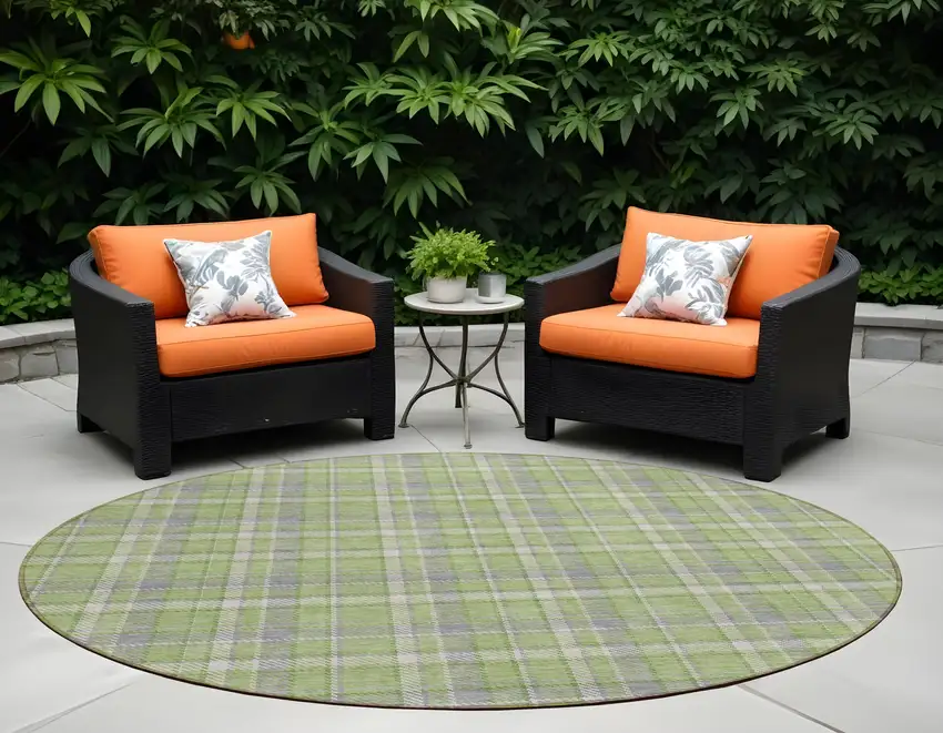 Green and Gray Round Plaid Washable Non Skid Indoor Outdoor Area Rug Photo 1