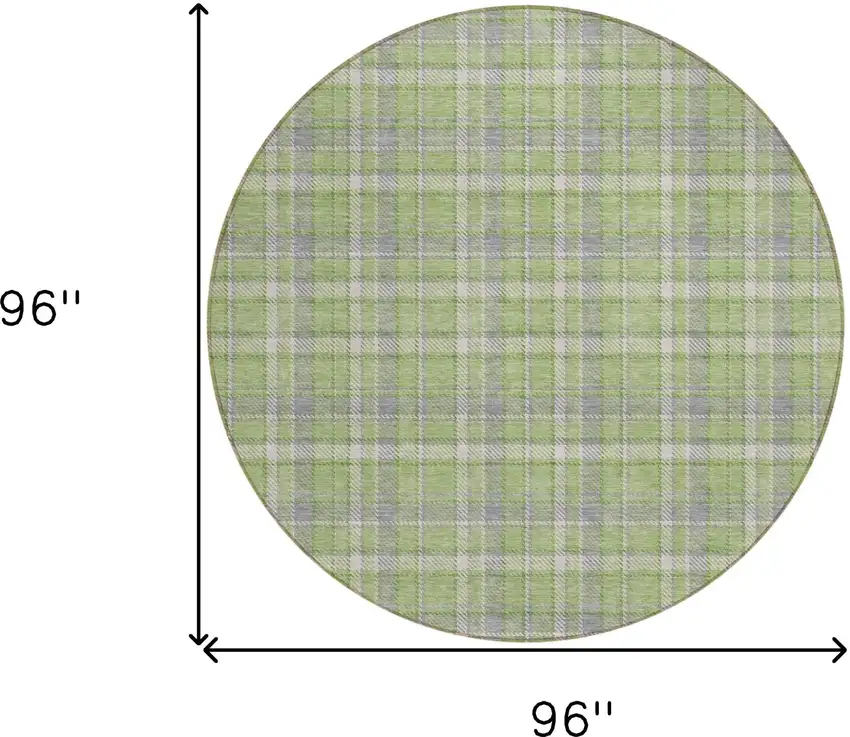 8' Round Green and Gray Round Plaid Washable Non Skid Indoor Outdoor Area Rug Photo 3