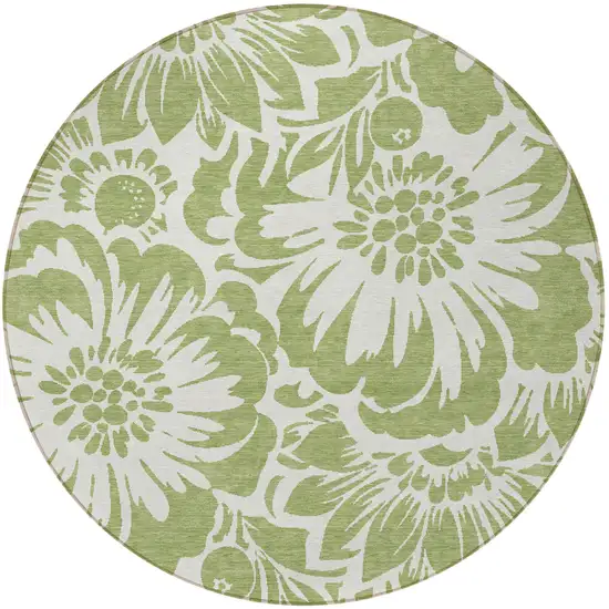 Green and Ivory Round Floral Washable Non Skid Indoor Outdoor Area Rug Photo 5