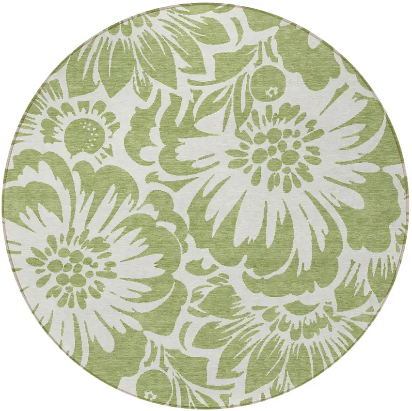 Green and Ivory Round Floral Washable Non Skid Indoor Outdoor Area Rug Photo 5