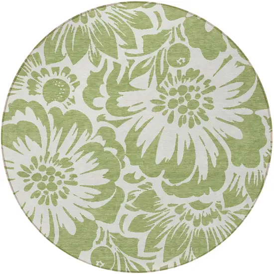 Green and Ivory Round Floral Washable Non Skid Indoor Outdoor Area Rug Photo 5
