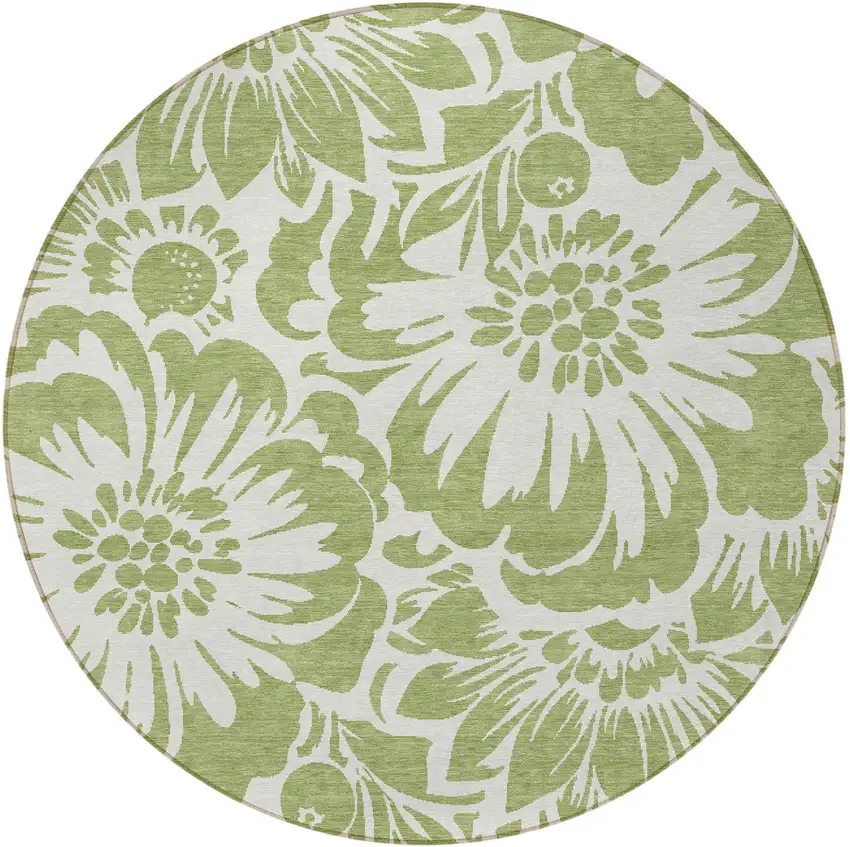Green and Ivory Round Floral Washable Non Skid Indoor Outdoor Area Rug Photo 5