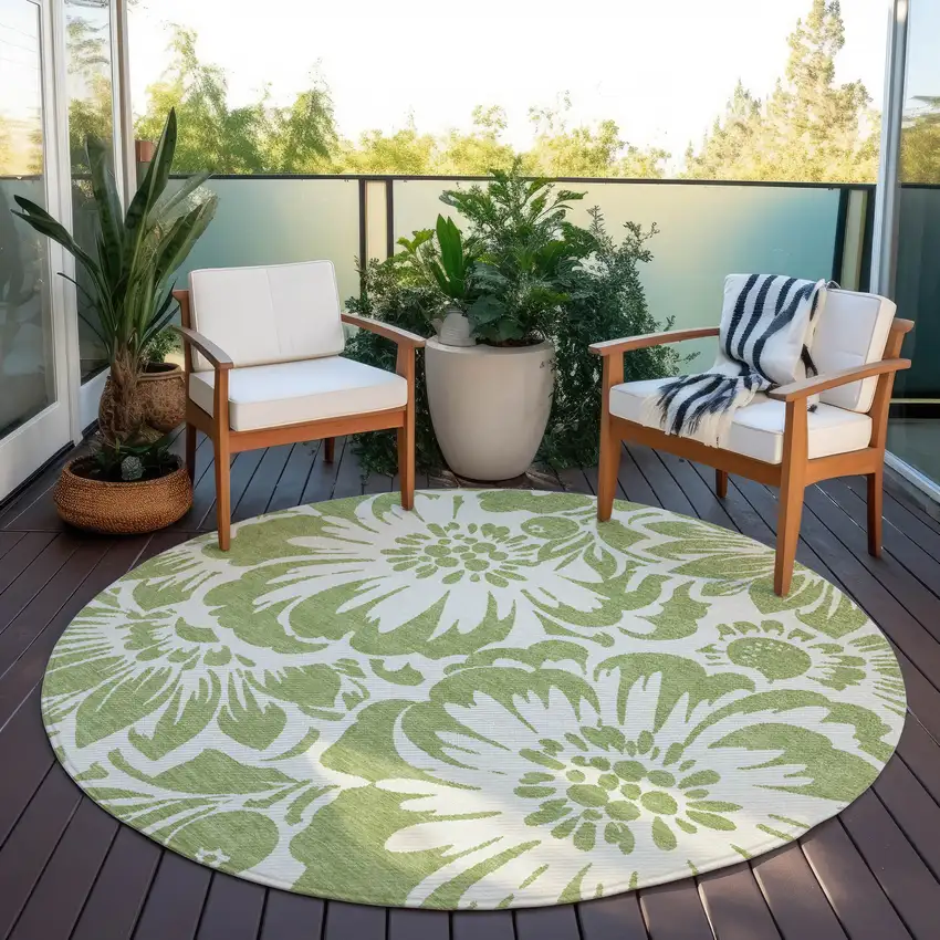 Green and Ivory Round Floral Washable Non Skid Indoor Outdoor Area Rug Photo 8