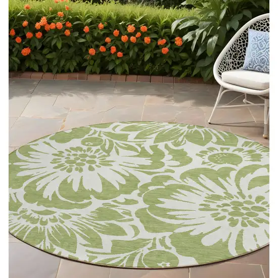 Green and Ivory Round Floral Washable Non Skid Indoor Outdoor Area Rug Photo 1