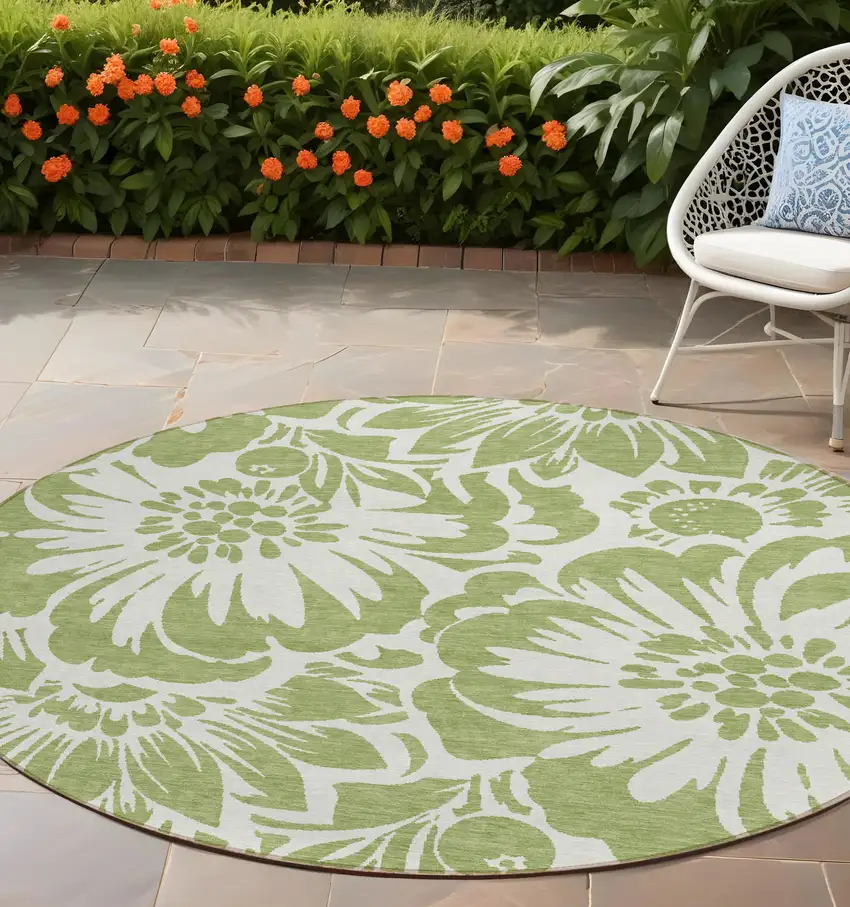 Green and Ivory Round Floral Washable Non Skid Indoor Outdoor Area Rug Photo 1