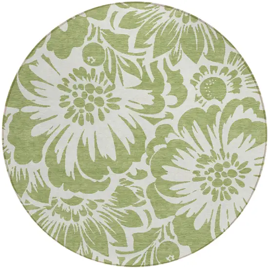 Green and Ivory Round Floral Washable Non Skid Indoor Outdoor Area Rug Photo 2