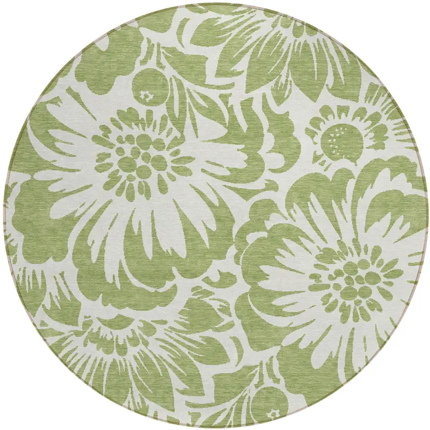 Green and Ivory Round Floral Washable Non Skid Indoor Outdoor Area Rug Photo 2