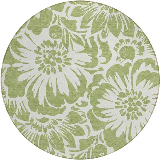 Green and Ivory Round Floral Washable Non Skid Indoor Outdoor Area Rug Photo 2