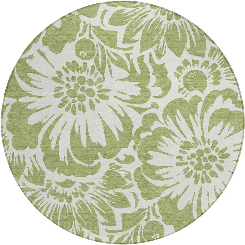 Green and Ivory Round Floral Washable Non Skid Indoor Outdoor Area Rug Photo 2