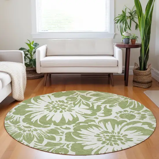 Green and Ivory Round Floral Washable Non Skid Indoor Outdoor Area Rug Photo 9