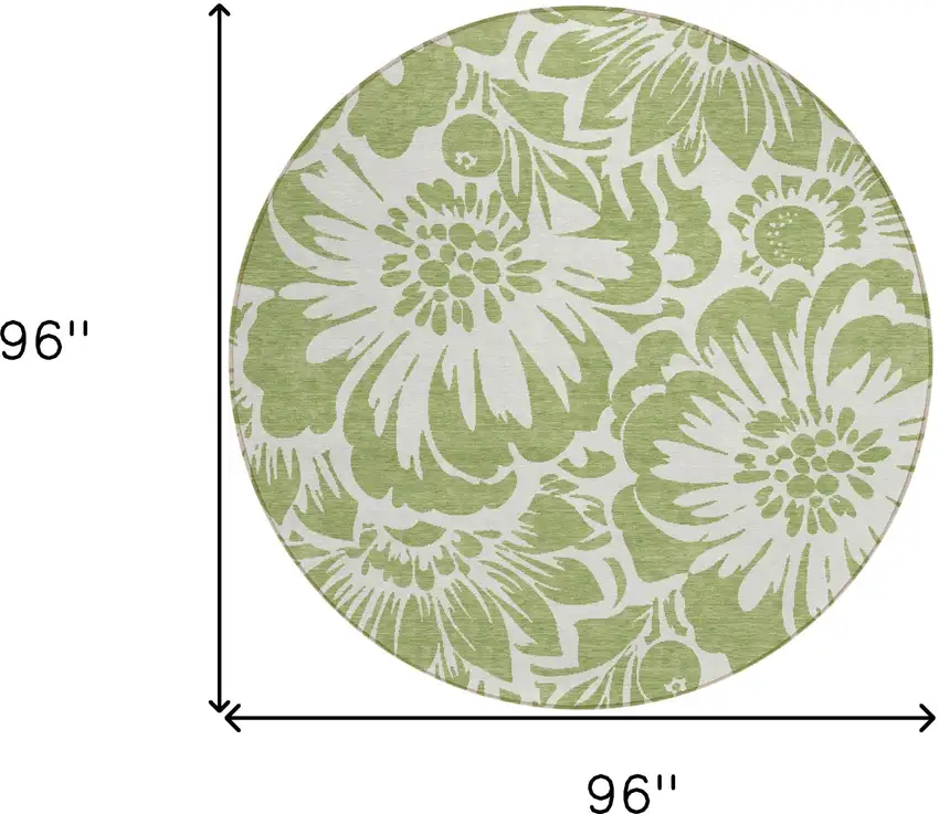 Green and Ivory Round Floral Washable Non Skid Indoor Outdoor Area Rug Photo 3