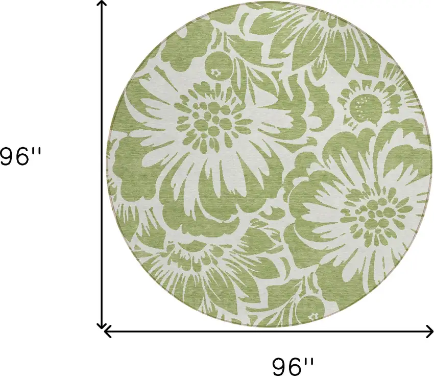 Green and Ivory Round Floral Washable Non Skid Indoor Outdoor Area Rug Photo 3