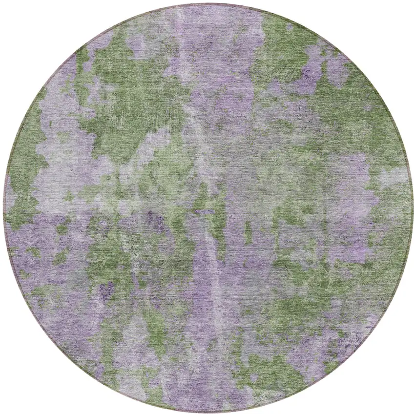 8' Round Green and Purple Round Abstract Washable Non Skid Indoor Outdoor Area Rug Photo 2