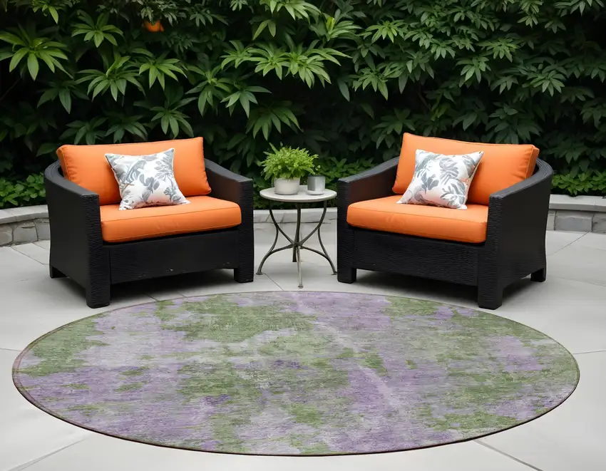 8' Round Green and Purple Round Abstract Washable Non Skid Indoor Outdoor Area Rug Photo 1