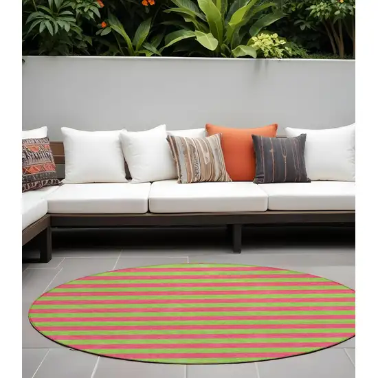 Green and Red Round Striped Washable Non Skid Indoor Outdoor Area Rug Photo 1