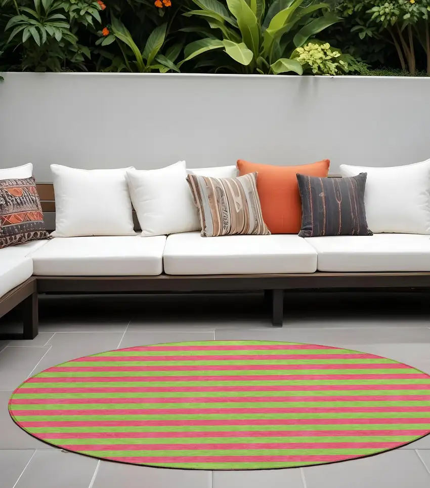 Green and Red Round Striped Washable Non Skid Indoor Outdoor Area Rug Photo 1