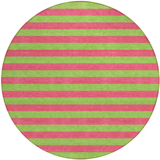 8' Round Green and Red Round Striped Washable Non Skid Indoor Outdoor Area Rug Photo 2