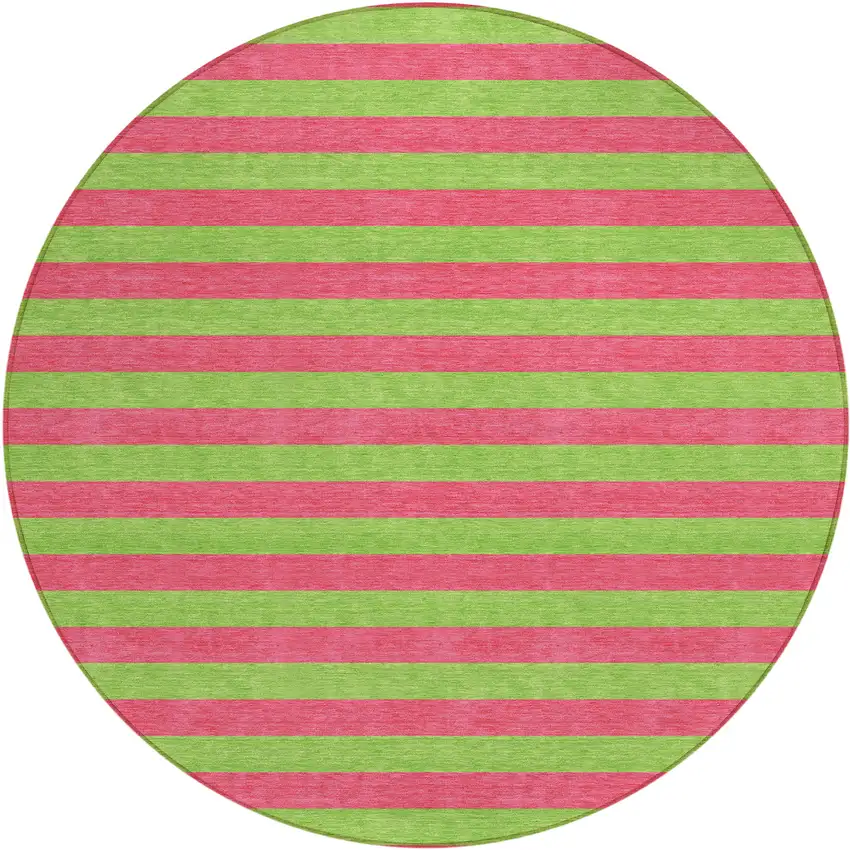 8' Round Green and Red Round Striped Washable Non Skid Indoor Outdoor Area Rug Photo 2