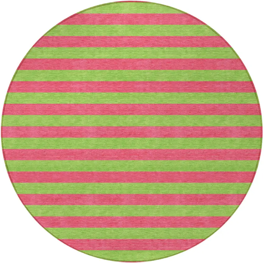 8' Round Green and Red Round Striped Washable Non Skid Indoor Outdoor Area Rug Photo 5