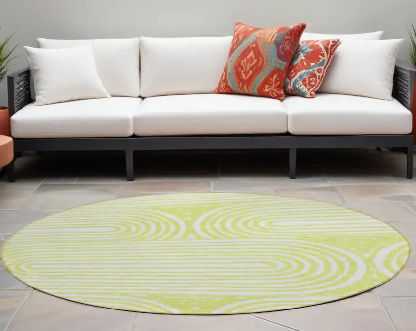 Green and White Round Abstract Washable Non Skid Indoor Outdoor Area Rug Photo 1