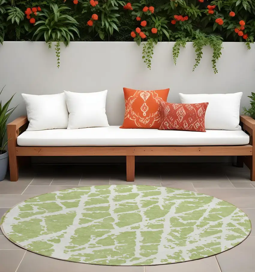 Green and White Round Abstract Washable Non Skid Indoor Outdoor Area Rug Photo 1