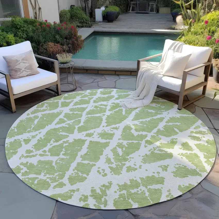 Green and White Round Abstract Washable Non Skid Indoor Outdoor Area Rug Photo 8