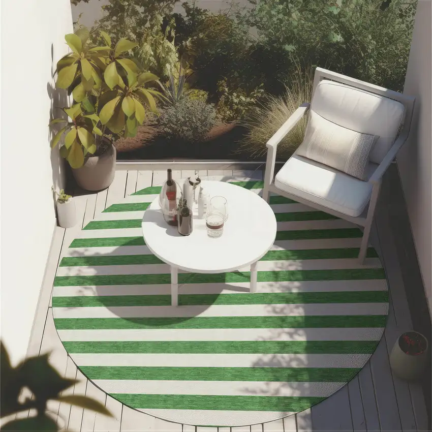 Green and White Round Striped Washable Indoor Outdoor Area Rug Photo 5