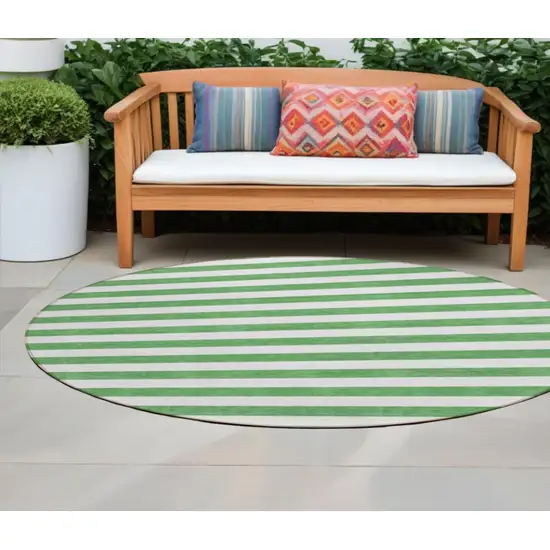 Green and White Round Striped Washable Indoor Outdoor Area Rug Photo 1