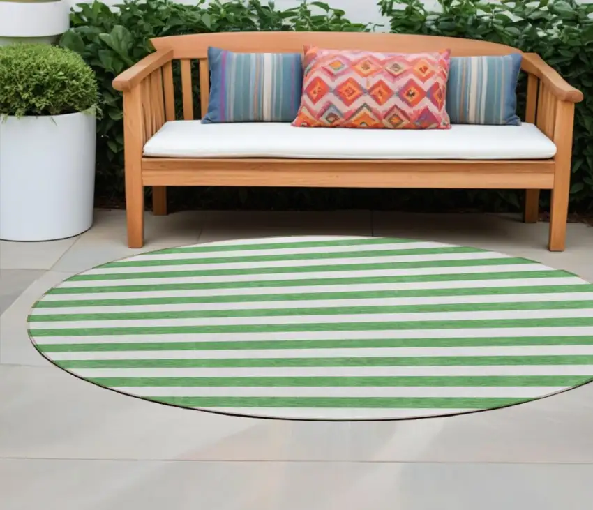 Green and White Round Striped Washable Indoor Outdoor Area Rug Photo 1